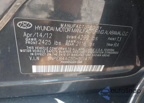 2013 Hyundai Sonata Gls из США, поврежденный, VIN 5NPEB4AC5DH511471
